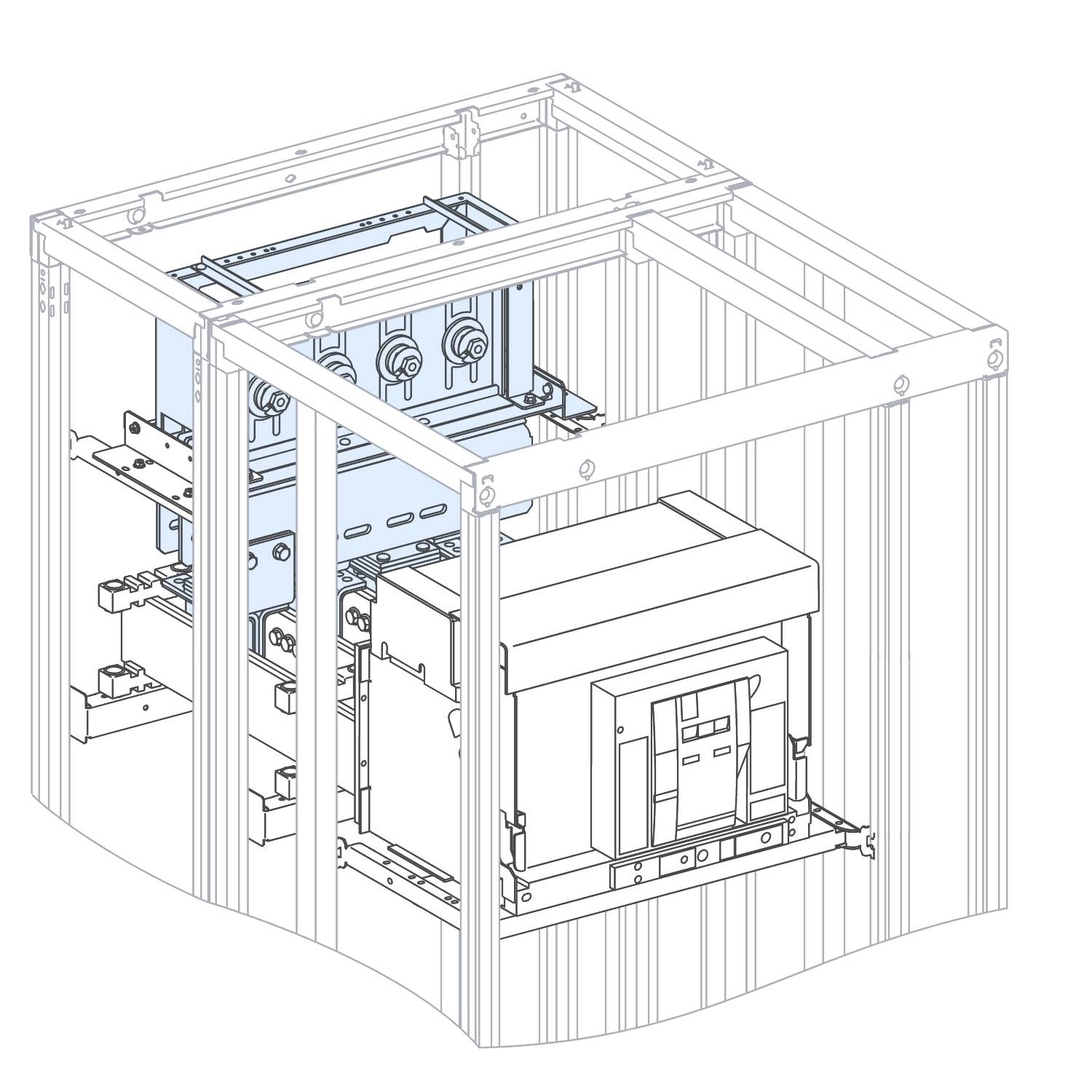 Isometrische technische Illustration einer großen geschlossenen Industriemaschine in einem Metallrahmen, mit einer zentralen blauen mechanischen Baugruppe und frontalem Zugangsfeld.