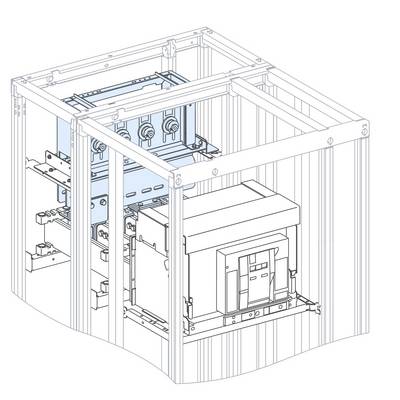 Isometrische technische Illustration einer großen geschlossenen Industriemaschine in einem Metallrahmen, mit einer zentralen blauen mechanischen Baugruppe und frontalem Zugangsfeld.