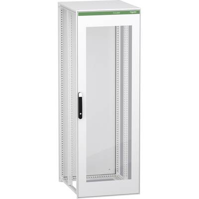 Weiße Schaltschrank von Schneider Electric mit einer vorderen Glastür und perforierten Seitenpaneelen, teilweise offen gezeigt, um den internen Montageraum zu zeigen.