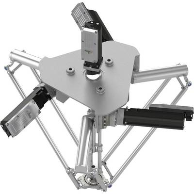Draufsicht eines robotischen Parallellenker-Mechanismus mit drei motorisierten Aktuatoren und einer zentralen Montierungsplatte auf weißem Hintergrund.