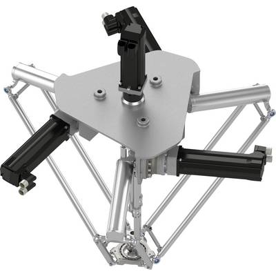 3D-Darstellung eines Delta-Roboters mit drei Arm-Aktuatoren und einem zentralen Effektor auf einer dreieckigen Oberplatte, isoliert auf weißem Hintergrund.