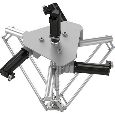 Industrieller Delta-Roboter mit drei Gelenkarmem und einer dreieckigen Oberplatte, von oben auf weißem Hintergrund betrachtet.