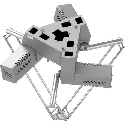 Dreibeiniger Robotermechanismus mit zentralem sechseckigem Körper und artikulierten Metallarmenen, dargestellt in einer 3D-technischen Darstellung.
