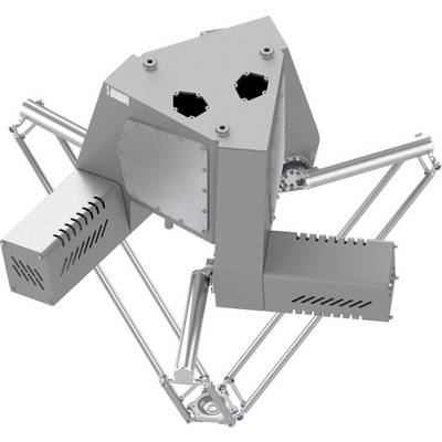 Graue roboterhafte spinnenartige Maschine mit mehreren gelenkigen Metallbeinen und zwei kastenförmigen Sensor- oder Werkzeugmodulen, gezeigt auf weißem Hintergrund.