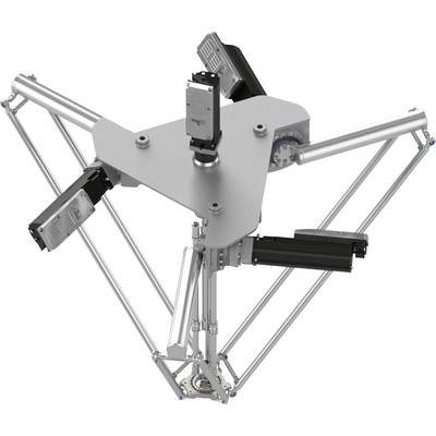 Industrieller Delta-Roboter mit drei Gelenkearmen und zentraler dreieckiger Oberplatte, dargestellt in einer technischen Illustration mit weißem Hintergrund.