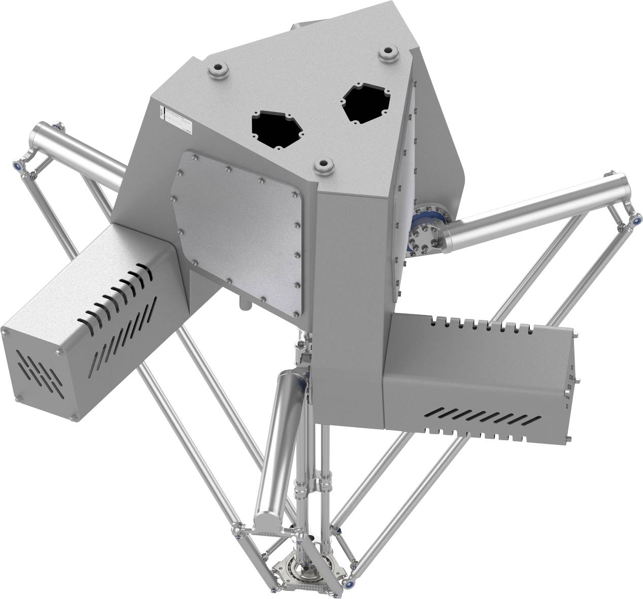Grauer Industrieroboter oder mechanisches Gerät mit zwei kastenförmigen Seitenmodulen und gelenkigen Metallarmen auf weißem Hintergrund.