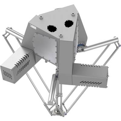 Grauer Industrieroboter oder mechanisches Gerät mit zwei kastenförmigen Seitenmodulen und gelenkigen Metallarmen auf weißem Hintergrund.