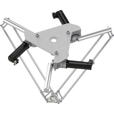 Ein Delta-Roboter-Mechanismus mit drei Gelenkarm und einer dreieckigen Oberplatte, dargestellt in einer technischen Produktvisualisierung auf weißem Hintergrund.