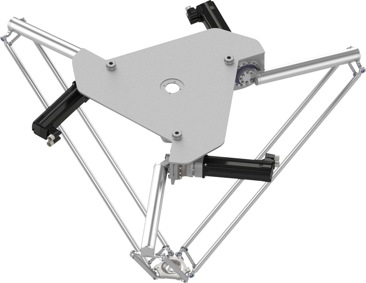 3-armiger Deltaroboter mit dreieckiger Deckplatte und artikulierten Metallarmen, dargestellt vor weißem Hintergrund.