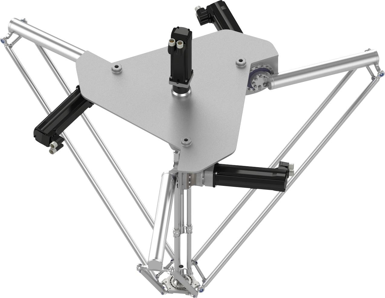 Draufsicht eines Delta-Roboters mit einer dreieckigen Zentralplattform und drei artikulierten Armen, die einen parallelen Robotermechanismus auf weißem Hintergrund zeigt.