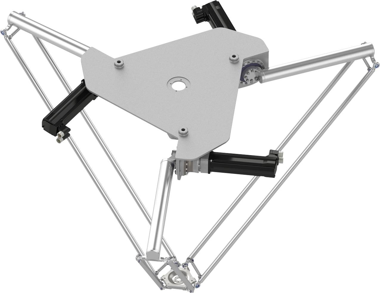 Delta-Roboter-Rahmen mit dreieckiger Oberplatte und drei artikulierten Armen, die mit einem zentralen Endeffektor verbunden sind.