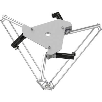 Delta-Roboter-Rahmen mit dreieckiger Oberplatte und drei artikulierten Armen, die mit einem zentralen Endeffektor verbunden sind.