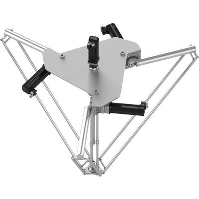 Metallischer Delta-Roboter mit drei artikulierten Armen und einer dreieckigen Oberplatte, isoliert auf weißem Hintergrund dargestellt.