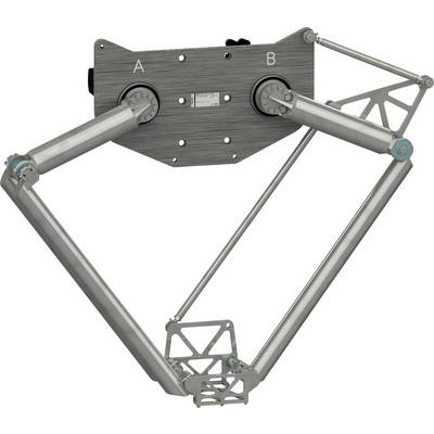 Mechanische Gelenkkonstruktion mit zwei gekennzeichneten Drehpunkten A und B, die durch Metallarme und Streben auf weißem Hintergrund verbunden sind.