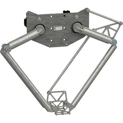 Mechanisches Gestänge mit zwei gekennzeichneten Drehpunkten A und B, das verbundene Metallarmglieder und Stangen zeigt, die einen dreieckigen Bewegungsmechanismus bilden.