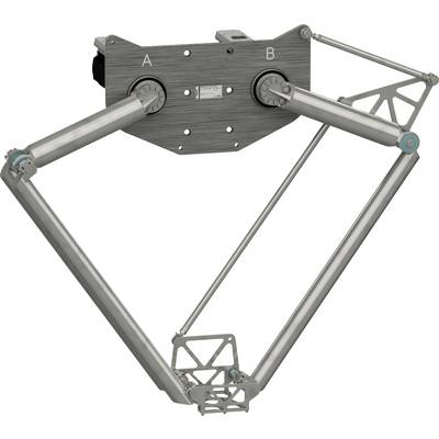 Prototyp einer mechanischen Verbindung mit zwei oberen Drehpunkten mit den Bezeichnungen A und B, verbunden durch dreieckige Arme mit einem unteren Gelenk, zeigt einen kinematischen Armmechanismus.