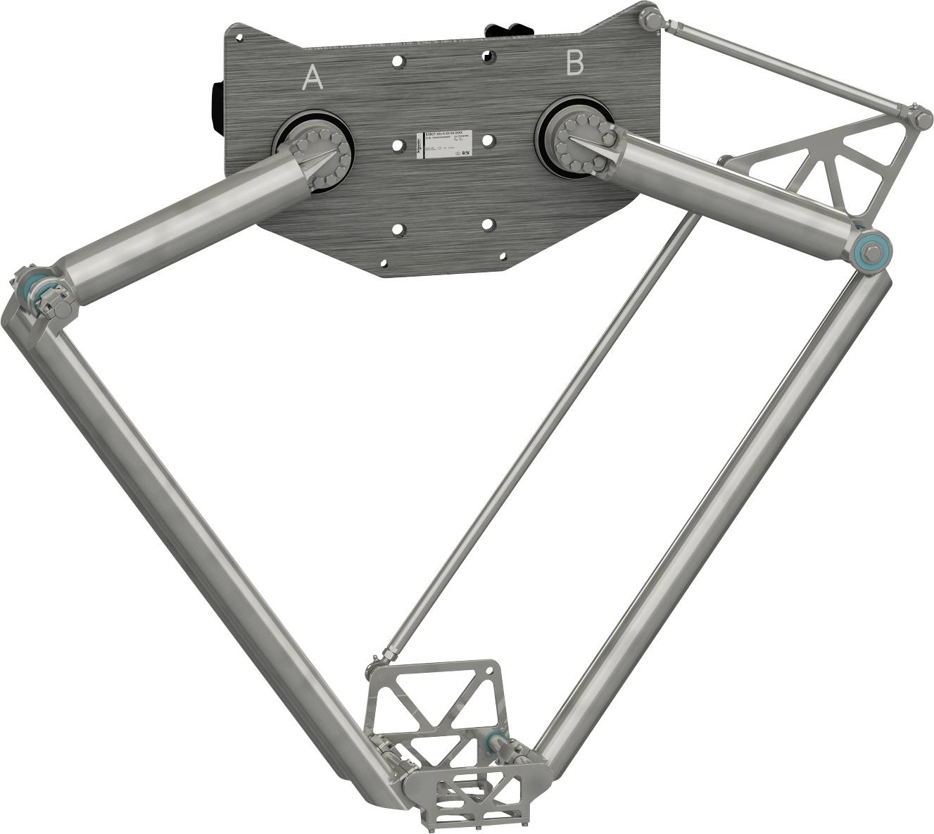 Mechanische Kopplung mit zwei gekennzeichneten Drehpunkten, A und B, die artikulierte Metallgestänge in einem dreieckigen Rahmen verbinden.