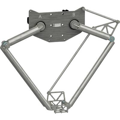Mechanische Kopplung mit zwei gekennzeichneten Drehpunkten, A und B, die artikulierte Metallgestänge in einem dreieckigen Rahmen verbinden.