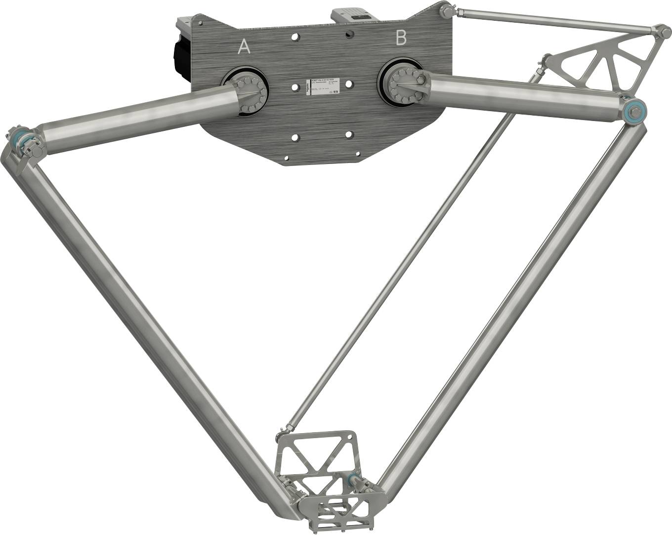 Mechanisches Gestänge mit zwei Gelenkpunkten mit den Bezeichnungen A und B, die dreieckige Arme mit einem zentralen unteren Gelenk verbinden.