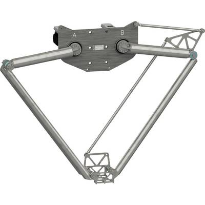 Mechanisches Gestänge mit zwei Gelenkpunkten mit den Bezeichnungen A und B, die dreieckige Arme mit einem zentralen unteren Gelenk verbinden.