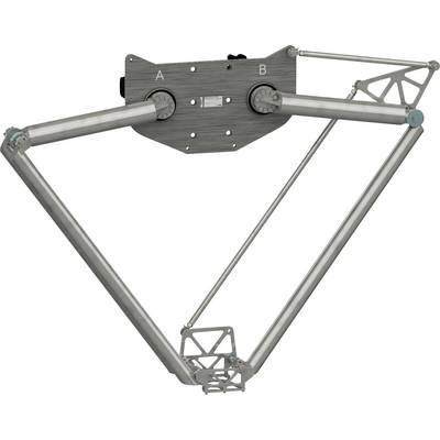 Mechanische Verbindung mit zwei gekennzeichneten oberen Drehpunkten A und B, verbunden durch dreieckige Metallglieder mit einem unteren zentralen Gelenk.