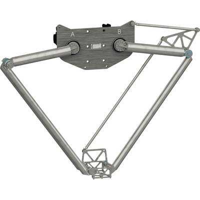 Mechanisches Verbindungsschema mit einem dreieckigen Gestell mit zwei oberen Drehpunkten mit den Bezeichnungen A und B sowie verbundenen Armen, die eine scherenartige Struktur bilden.