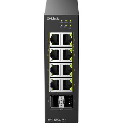 Frontansicht eines D-Link DIS-100G-10P Industrial-Netzwerk-Switches mit acht Ethernet-Anschlüssen, zwei SFP-Steckplätzen und Status-LEDs.