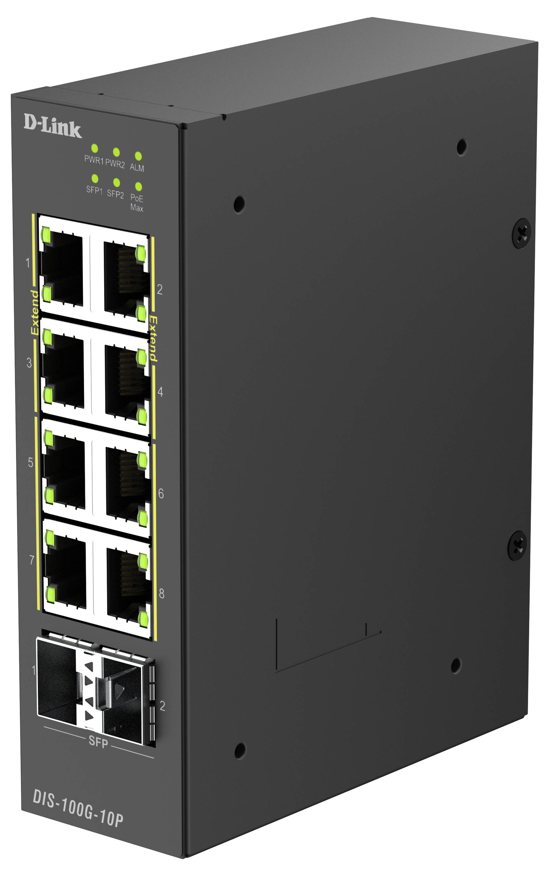 D-Link industrieller Netzwerk-Switch mit acht Ethernet-Ports und einem SFP-Port, dargestellt in einem schwarzen Metallgehäuse.