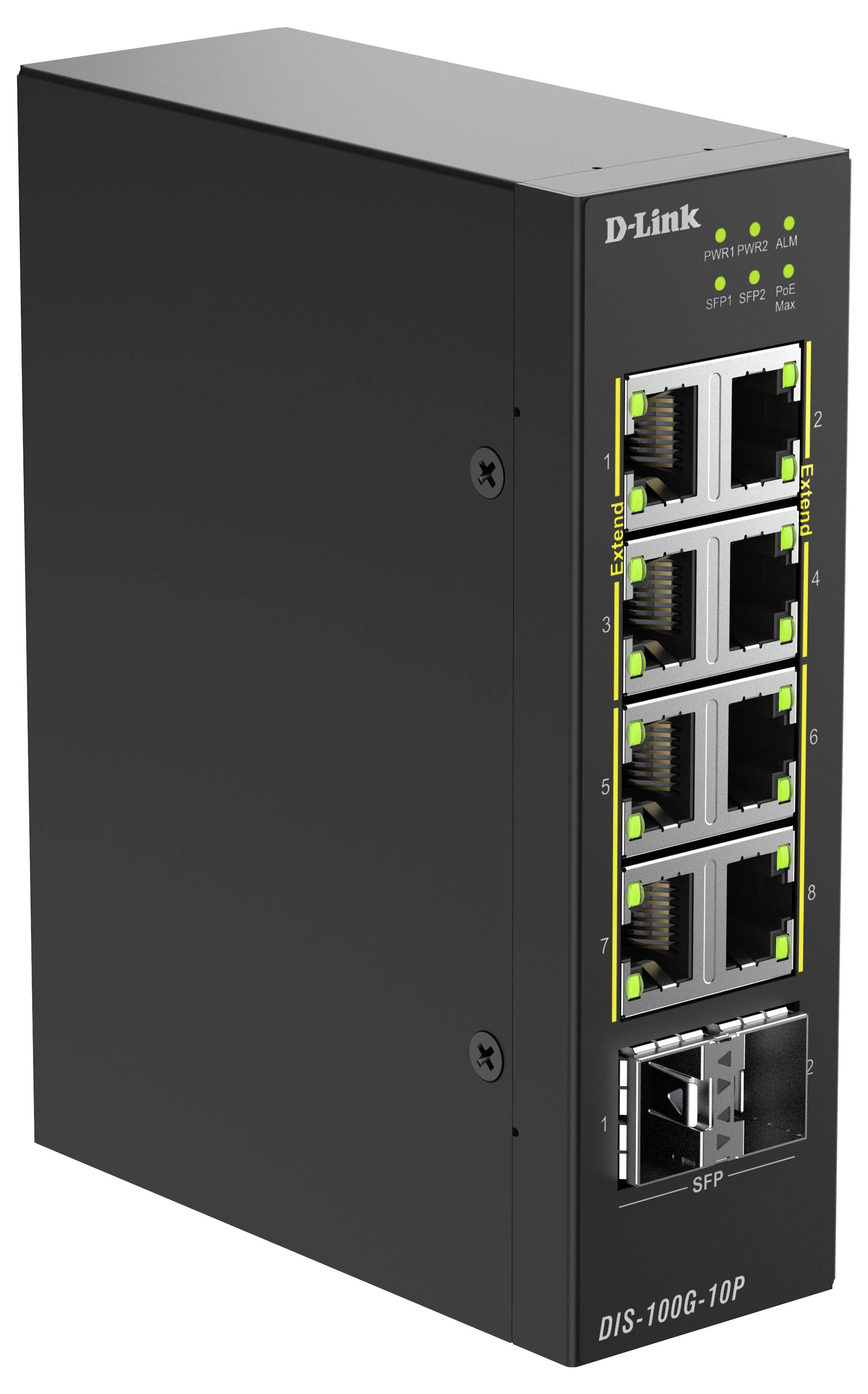 D-Link DIS-100G-10P Industrie-Ethernet-Switch mit acht RJ45-Anschlüssen, einem SFP-Anschluss und Statusleuchten auf der Frontblende.