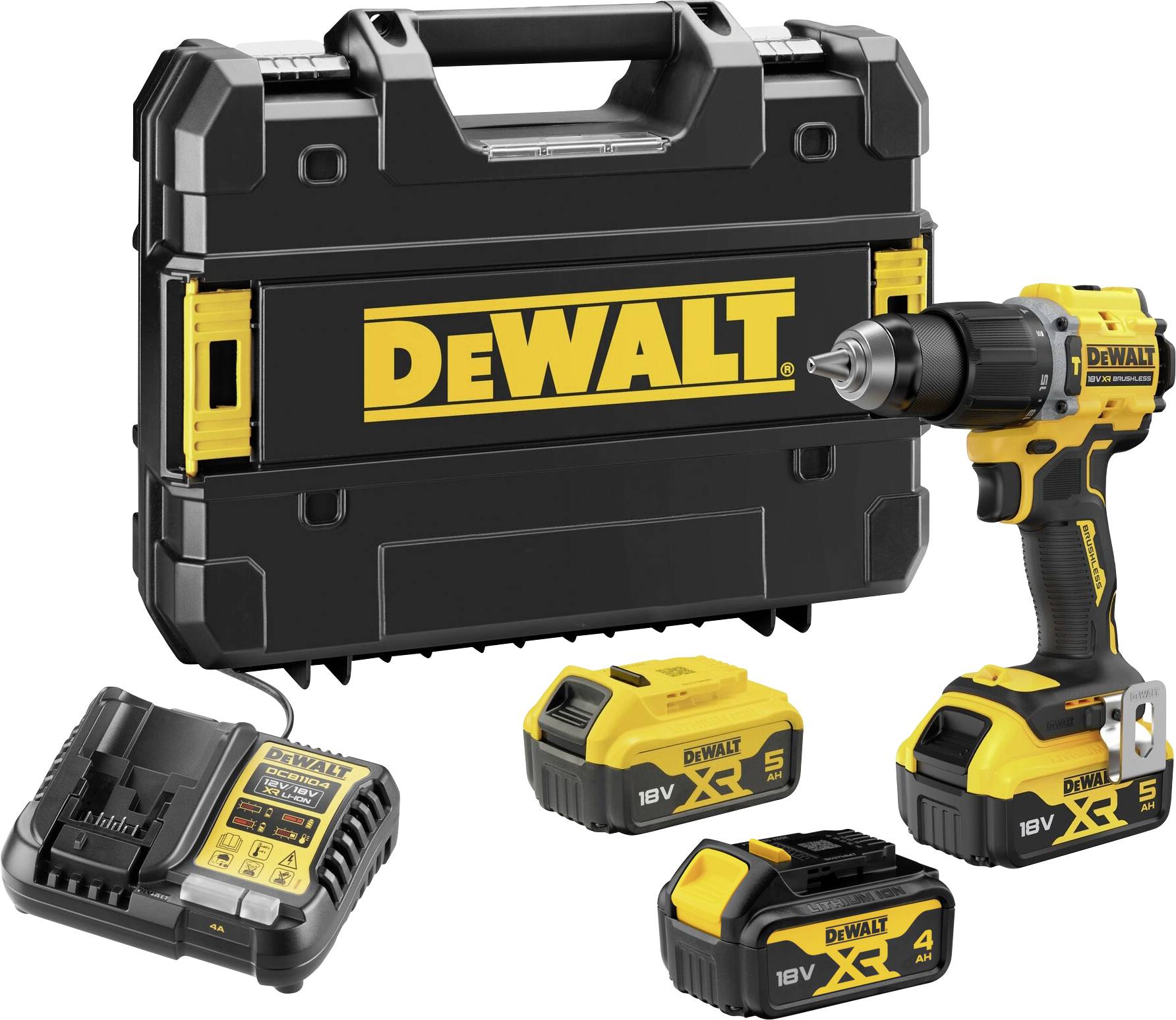 DEWALT 18V Akku-Bohrmaschinen-Set mit Hartschalenkoffer, Ladegerät und zwei Batterien auf weißem Hintergrund dargestellt.