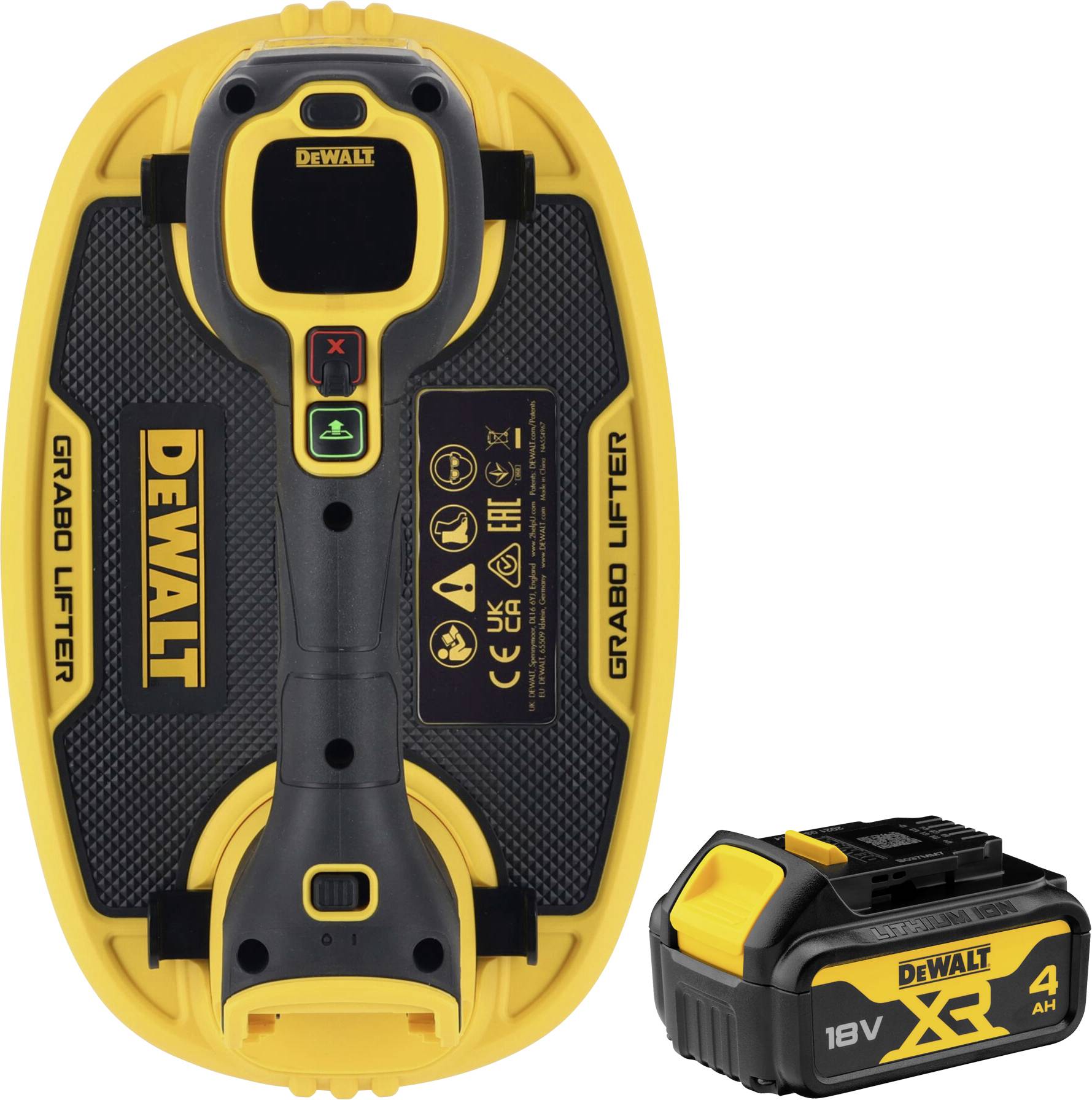 DEWALT 18V XR 4Ah Akku, Vorderansicht mit gelb-schwarzem Gehäuse und integriertem Ladeanzeiger.