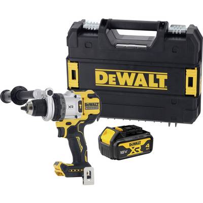 DeWalt Akkubohrmaschine mit Seitengriff, Akku und hartem Transportkoffer auf weißem Hintergrund.