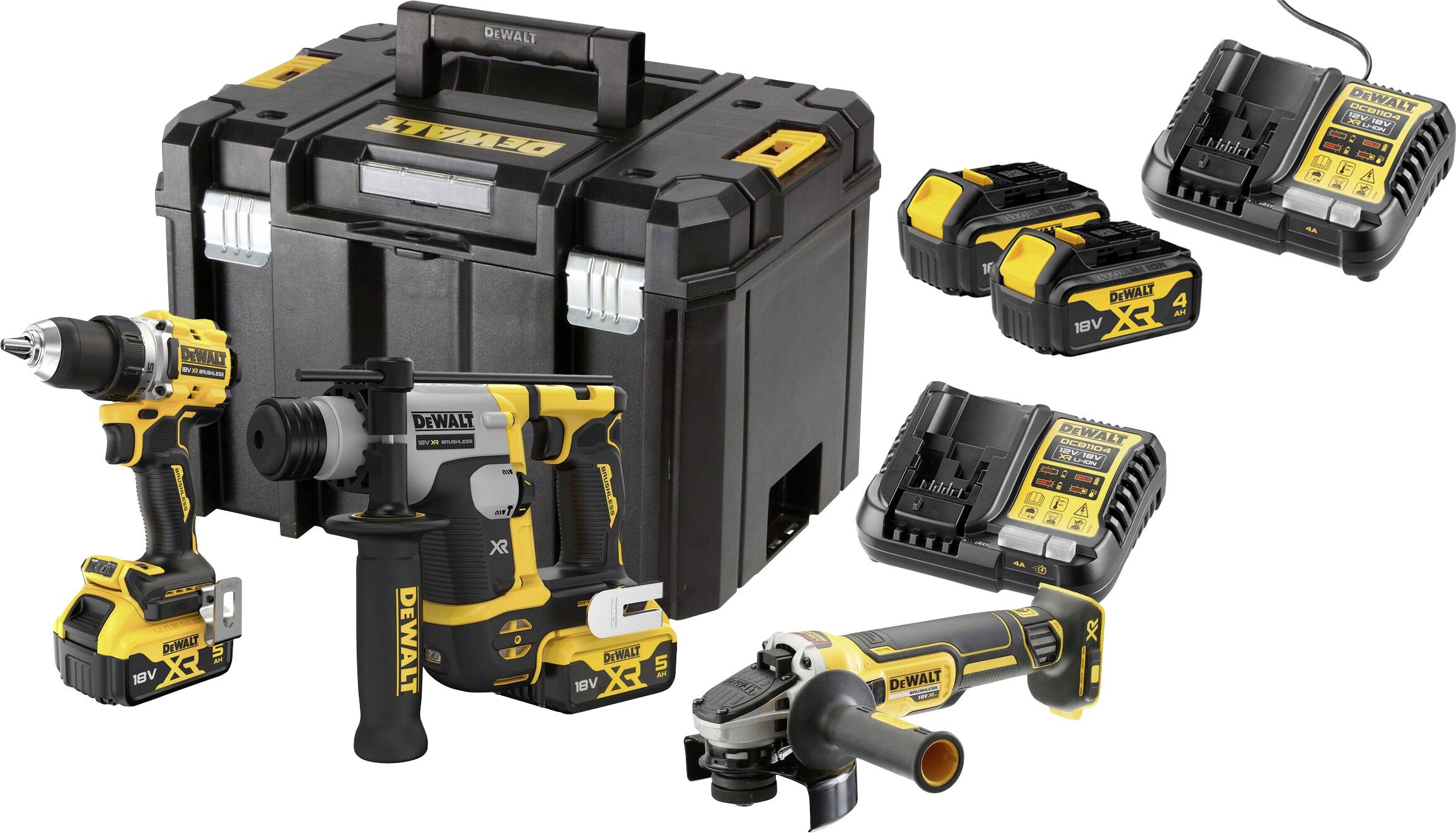 DeWalt Akku-Werkzeugsatz mit Bohrmaschine, Schlagschrauber, Winkelschleifer, zwei Akkus, Ladegeräten und Aufbewahrungskoffer auf weißem Hintergrund.