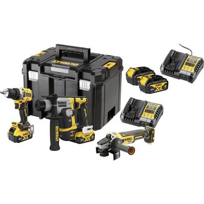 DeWalt Akku-Werkzeugsatz mit Bohrmaschine, Schlagschrauber, Winkelschleifer, zwei Akkus, Ladegeräten und Aufbewahrungskoffer auf weißem Hintergrund.