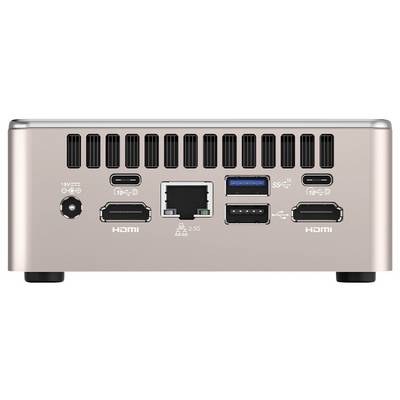 Rückansicht eines kompakten Computers mit Belüftungsschlitzen, Stromanschluss, USB-Anschlüssen, Ethernet, Dual-HDMI und USB-C-Anschlüssen.