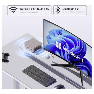 Mini-PC verbunden mit einem Windows-11-Monitor, Tastatur und Game-Controller, mit Hervorhebung von Wi-Fi-6/2,5G-LAN- und Bluetooth-5.2-Konnektivität.