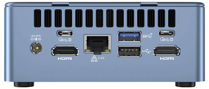 Rückansicht eines blauen Mini-PCs mit Anschlüssen: Stromversorgung, HDMI, USB-C, Ethernet, zwei USB-A 3.0 und ein weiteres HDMI.