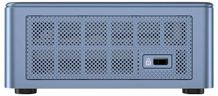Vorderansicht eines blauen Mini-PCs oder sprecherähnlichen Geräts mit einem perforierten Metallgitter und einem kleinen vorderen USB-Anschluss.