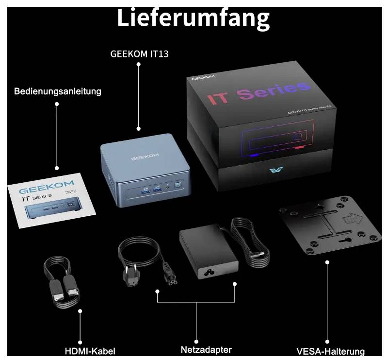Produktinhaltsübersicht für GEEKOM IT13: Benutzerhandbuch, Mini-PC, HDMI-Kabel, Netzteil und VESA-Halterung, dargestellt mit Einzelhandelskarton.