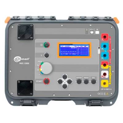 Vorderansicht eines Sonel MZC-3305 Elektroprüfers mit Display, Steuertasten und farbcodierten Messklemmen.