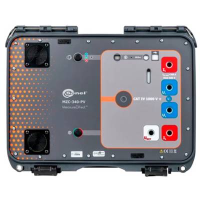 Frontansicht eines Sonel MZC-340-PV-Messinstruments mit mehreren Eingängen, Bedienelementen und CAT IV 1000 V-Kennzeichnung.
