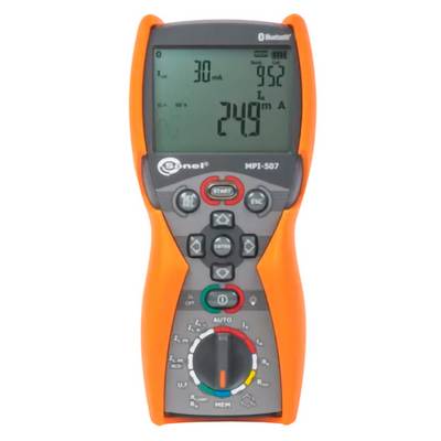 Digitale Stromzange mit orangem Gehäuse, die auf dem Display eine Stromablesung von 249 mA anzeigt.