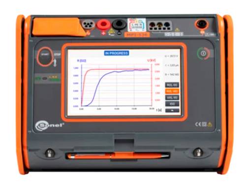 Tragbares elektrisches Testinstrument mit Farbbildschirm, das Spannungs- und Stromkurven in Echtzeit anzeigt.