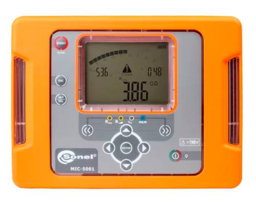 Orange Sonel MIC-5001 elektronisches Messgerät mit LCD-Display, das eine Ablesung von 3,86 GΩ anzeigt, und Steuertasten auf der Frontplatte.