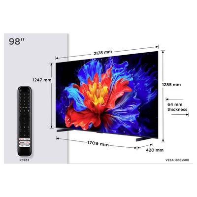 98-Zoll-Fernseher-Dimensionsdiagramm mit Fernbedienung; Bildschirm misst 2178 mm breit mal 1285 mm hoch, Standfuß-Tiefe 420 mm, Dicke 64 mm, VESA 600x500.