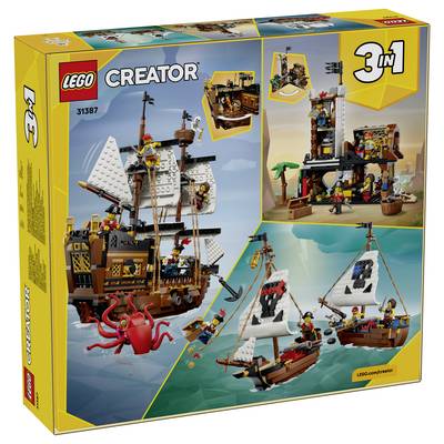 LEGO Creator 3-in-1 Piratenschiff-Set-Schachtel mit drei Bauoptionen: ein großes Piratenschiff, eine Piraten-Tavernen-Szene und zwei kleinere Segelschiffe.