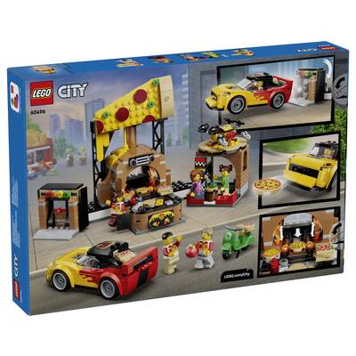 LEGO City Pizza-Lieferplayset-Box mit einem Pizzaauto, Ofen, Minifiguren, Roller und drei Aktionsszenen-Panels.