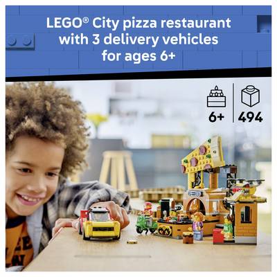 LEGO City Pizzeria-Set für ab 6 Jahren, 494 Teile, mit 3 Lieferfahrzeugen und Minifiguren, die von einem Kind bespielt werden.