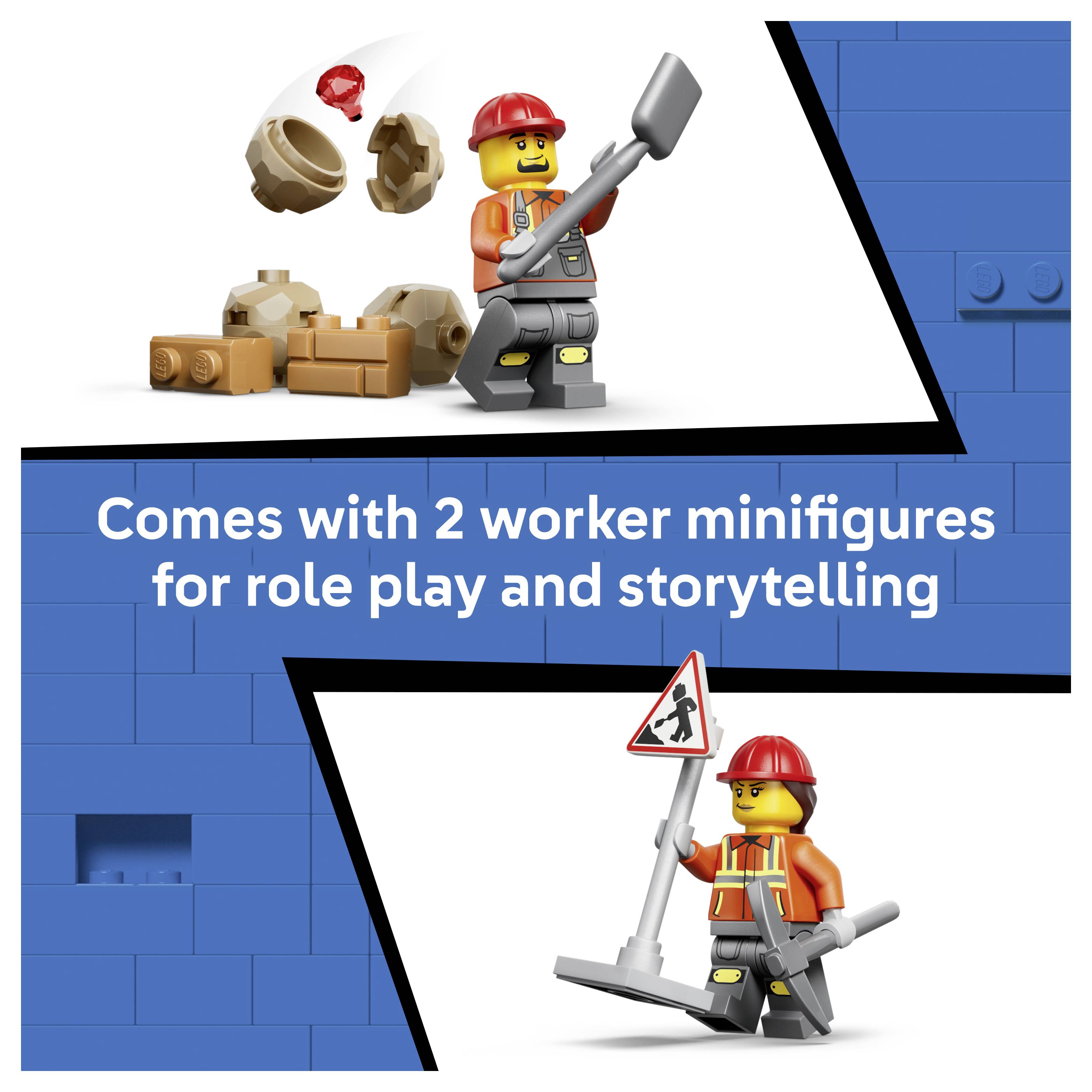 LEGO-Konstruktionsset-Werbung mit zwei Arbeiter-Minifiguren mit Werkzeugen und Trümmern, beschriftet mit „Enthält 2 Arbeiter-Minifiguren zum Rollenspiel und Geschichtenerzählen"