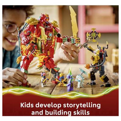 Kind spielt mit LEGO-ähnlichen Fantasy-Figuren und einem riesigen Mech auf einem Tisch, was zeigt, wie Kinder Erzähl- und Baufähigkeiten entwickeln